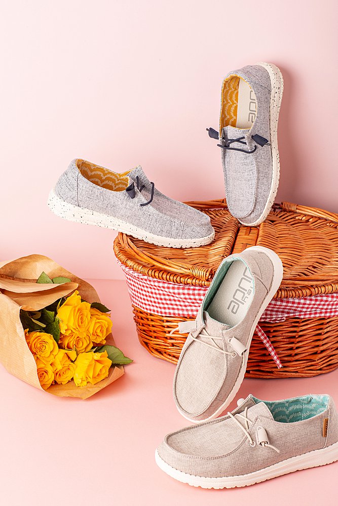 Fun product photography for Hey Dude Shoes. Styled product stills photography by Marianne Taylor.