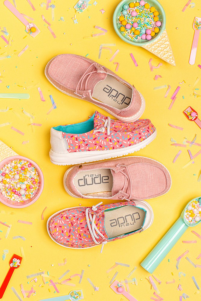 Fun product photography for Hey Dude Shoes. Styled product stills photography by Marianne Taylor.
