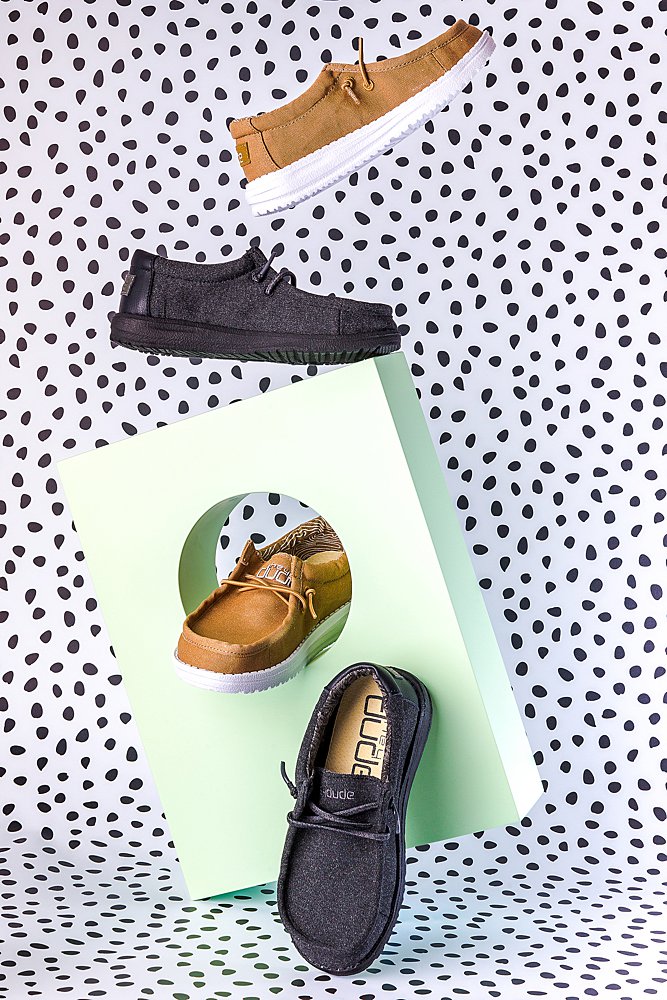 Fun product photography for Hey Dude Shoes. Styled product stills photography by Marianne Taylor.