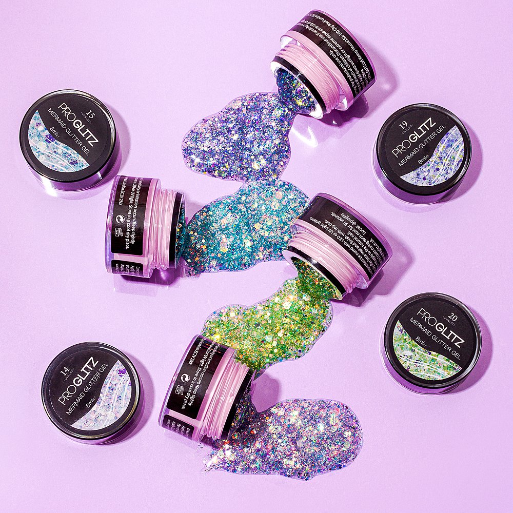 Glittery beauty stills content creation for Pro GLITZ in pastel colours. Styled makeup and cosmetics product stills photography by Marianne Taylor.