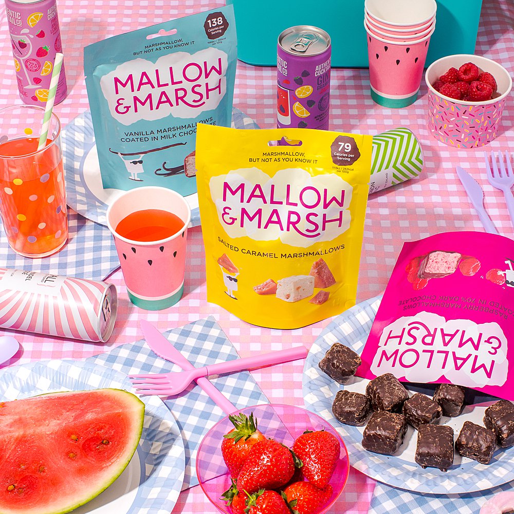 Colourful content creation for Mallow and Marsh snacks. Styled product and food photography by Marianne Taylor.