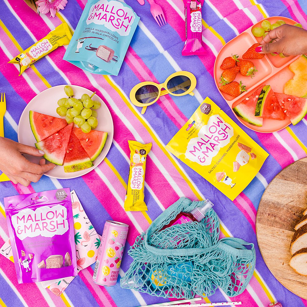 Colourful content creation for Mallow and Marsh snacks. Styled product and lifestyle photography by Marianne Taylor.