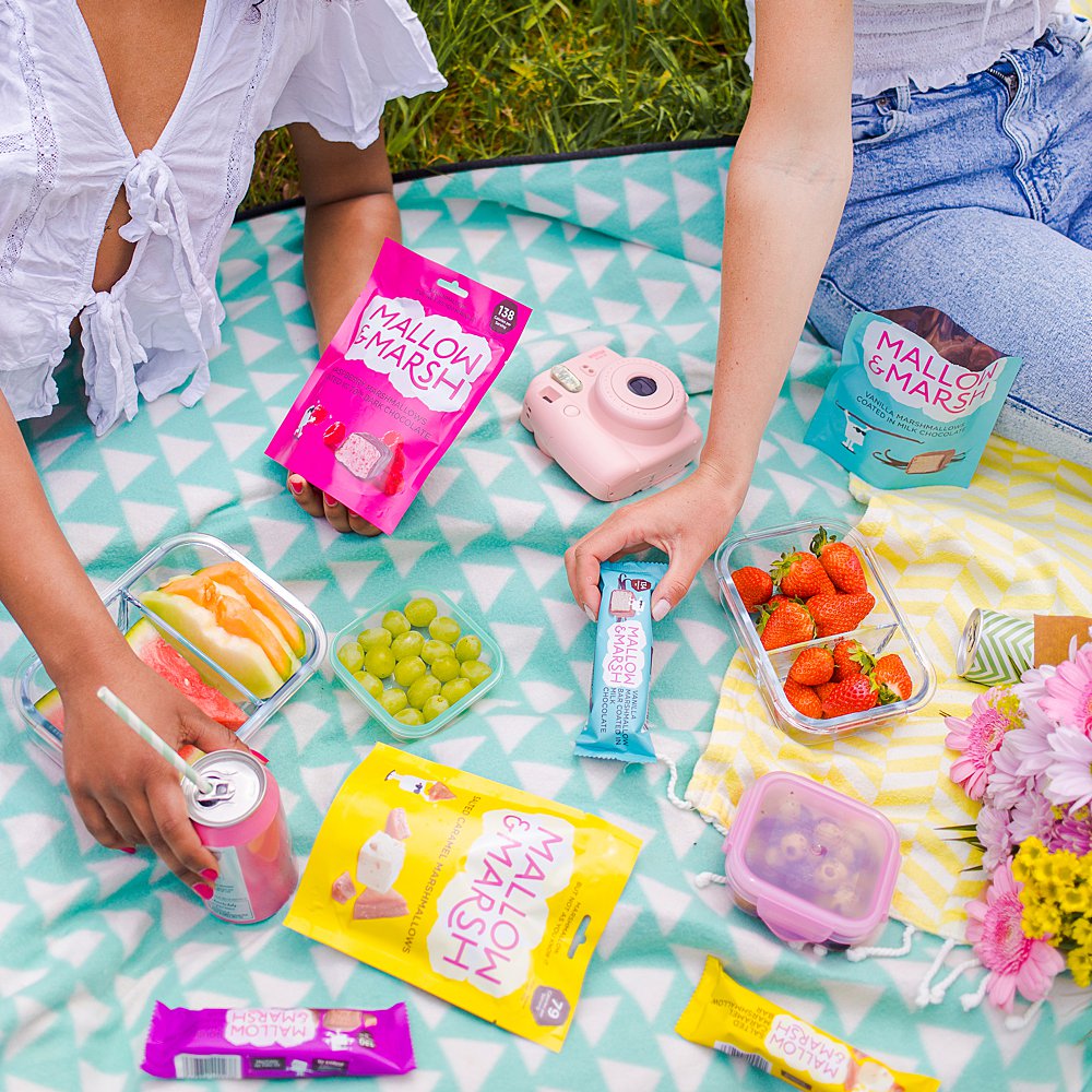 Colourful content creation for Mallow and Marsh snacks. Styled product and lifestyle photography by Marianne Taylor.