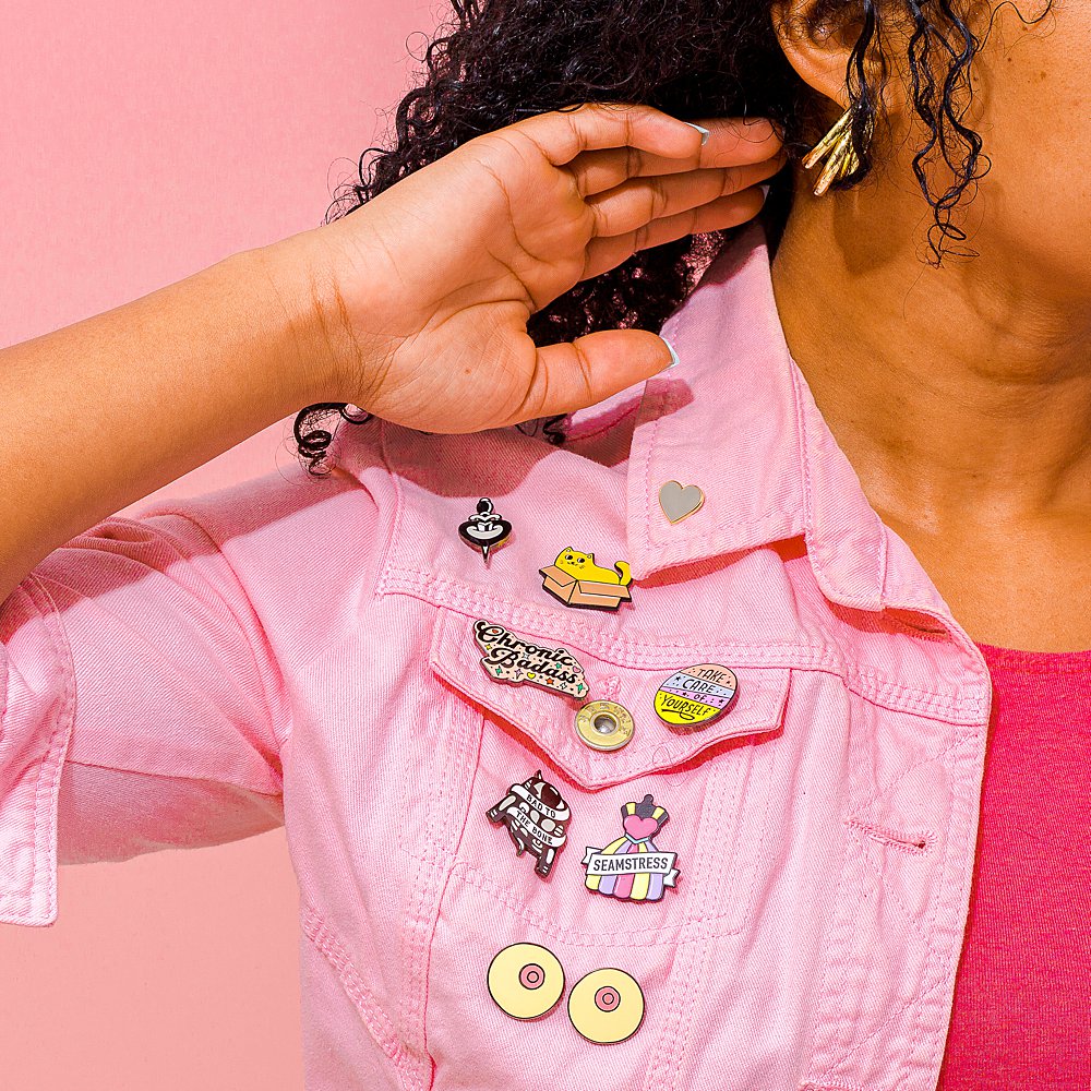 Fun colourful product photography for Punky Pins enamel pins. Styled product stills photography by Marianne Taylor.