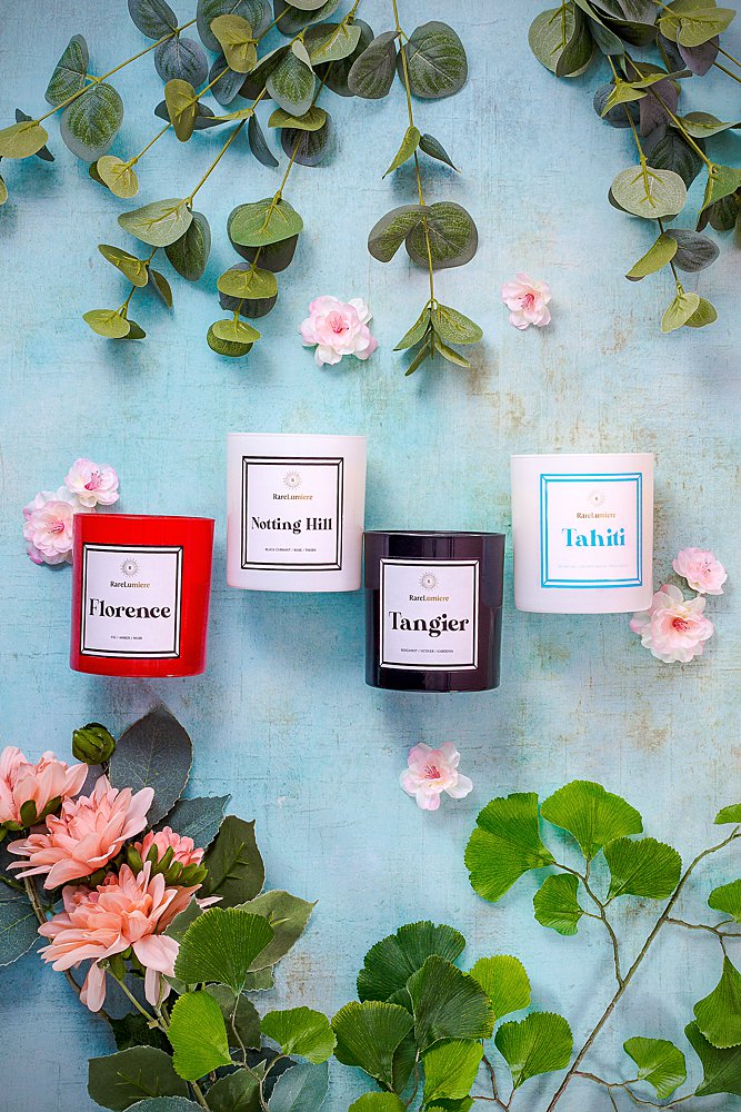 Colourful pretty content creation for Rare Lumiere candles. Styled beauty product stills photography by Marianne Taylor.