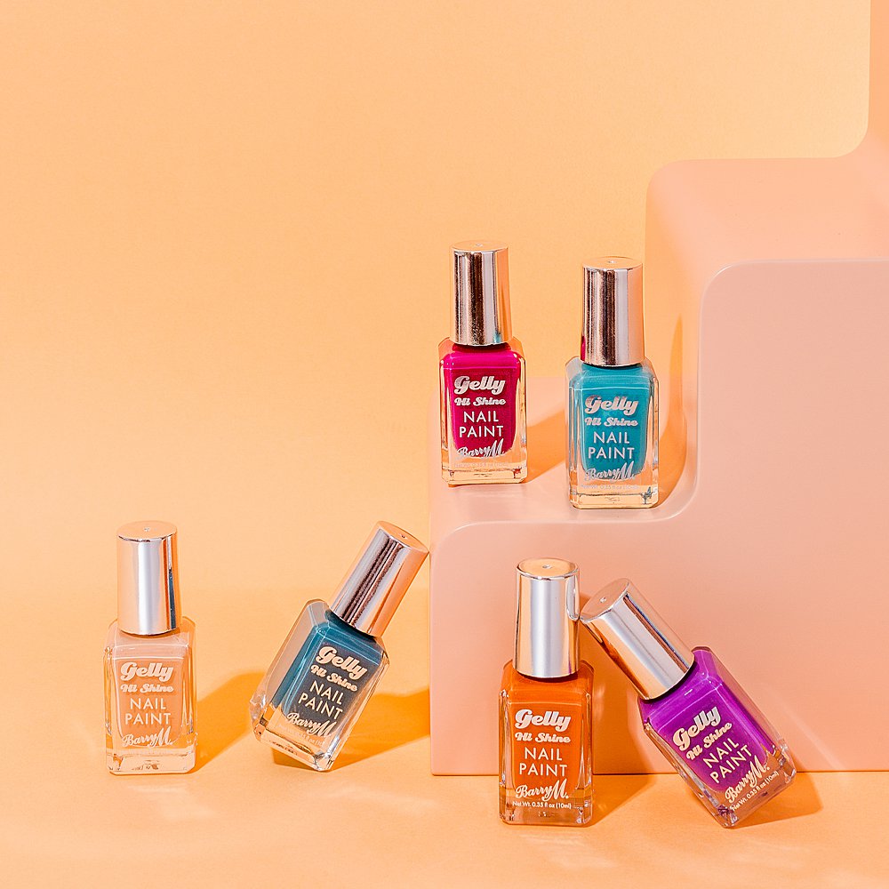 Colourful content creation for Barry M cosmetics. Styled beauty product stills photography by Marianne Taylor.