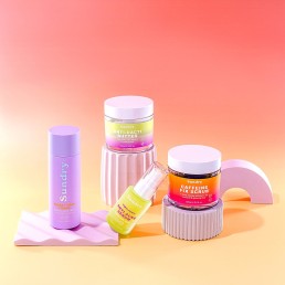 Beauty stills content creation for Sundry Skincare with bright colours. Styled health and beauty product stills photography by Marianne Taylor.