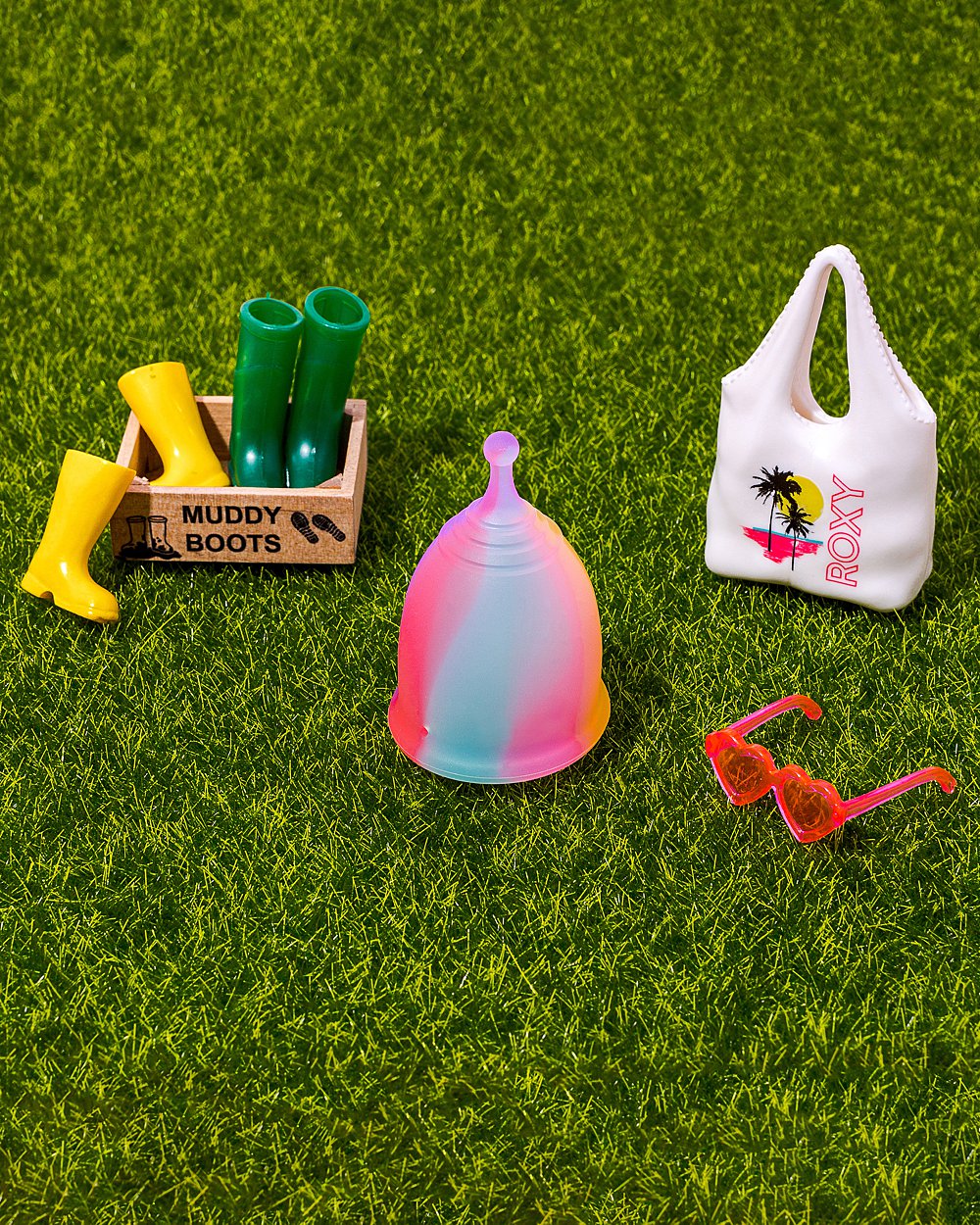 Brightly coloured feminine health product content creation for Pic & Sis menstrual cups. Styled product stills photography by Marianne Taylor.