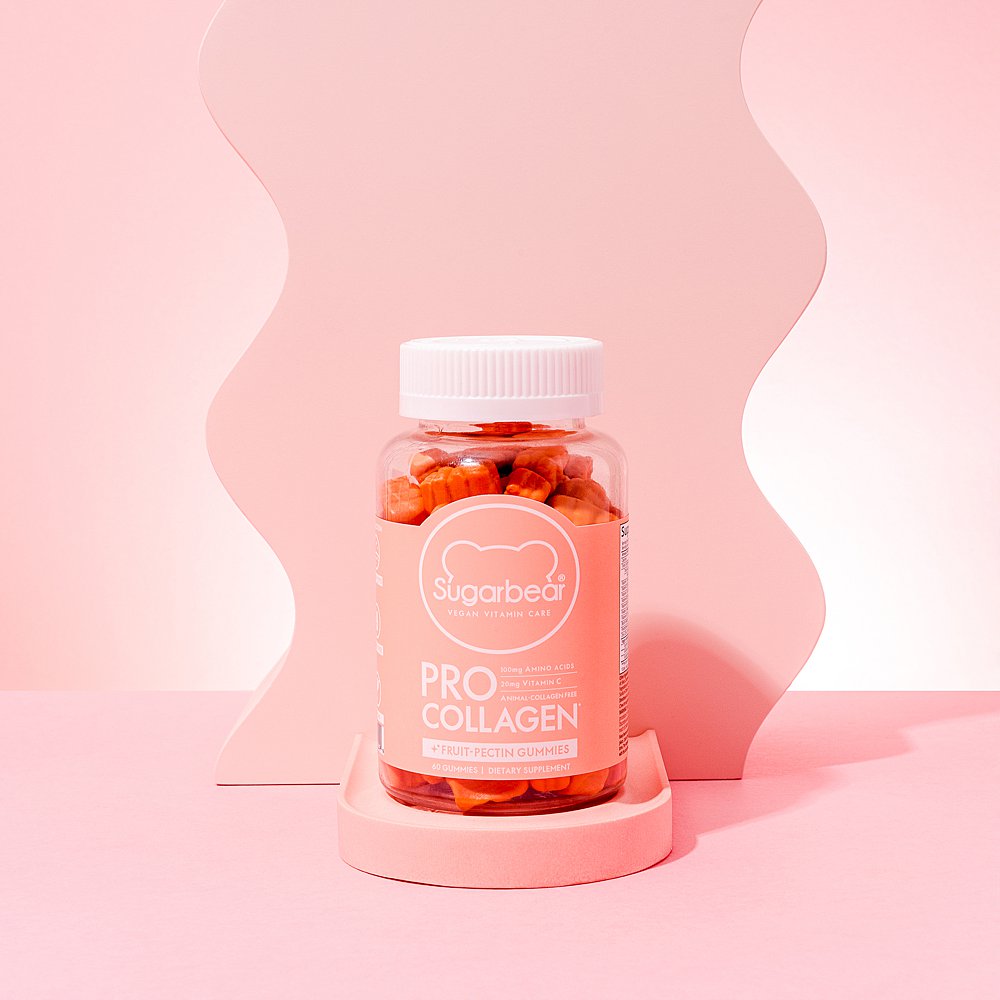 Pastel coloured beauty product content creation for Sugarbearhair vitamins. Styled health product stills photography by Marianne Taylor.