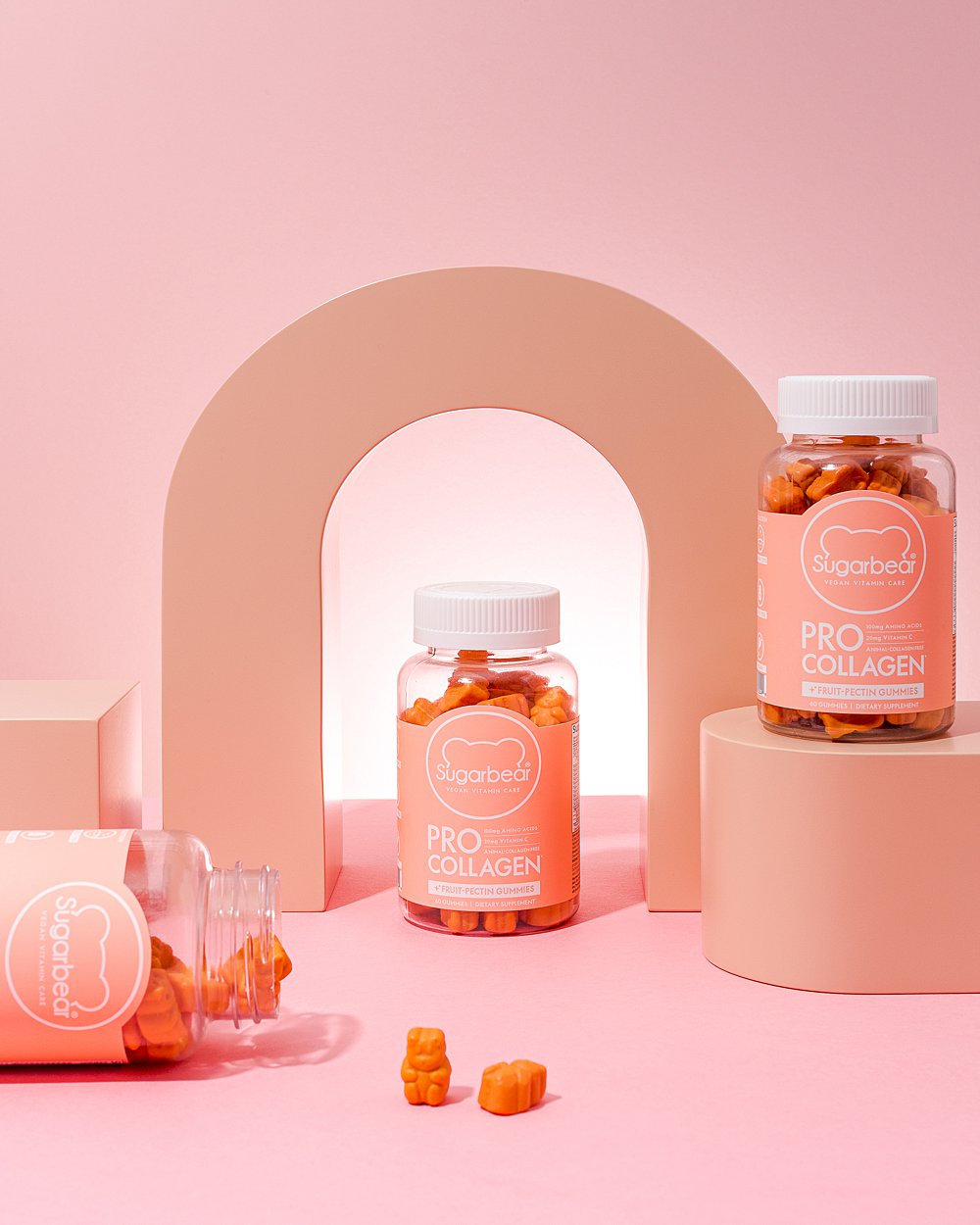 Pastel coloured beauty product content creation for Sugarbearhair vitamins. Styled health product stills photography by Marianne Taylor.