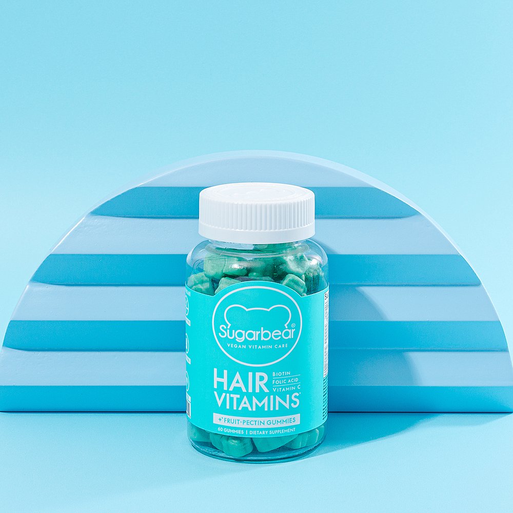 Pastel coloured beauty product content creation for Sugarbearhair vitamins. Styled health product stills photography by Marianne Taylor.