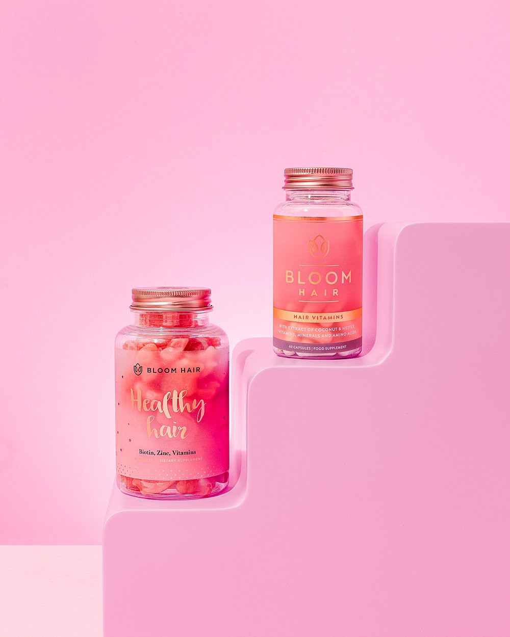 Colourful stills content creation for Bloom Hair vitamins. Styled health product stills photography by HIYA MARIANNE.