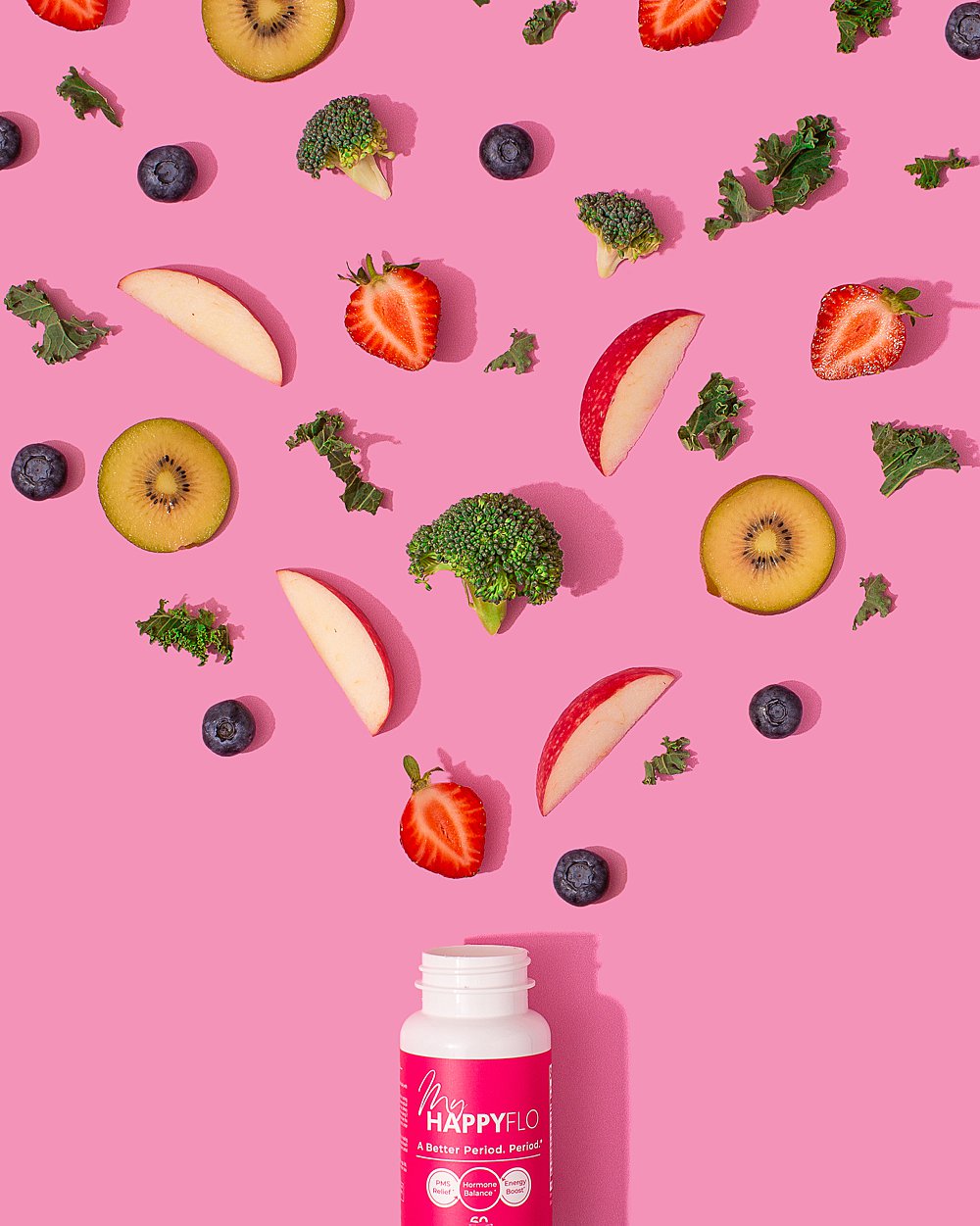 Colourful fun stills content creation for My Happy Flo period vitamins. Styled womens health product stills photography by HIYA MARIANNE.