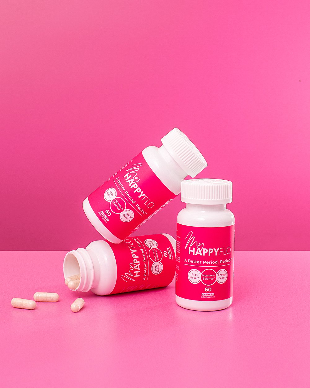 Colourful fun stills content creation for My Happy Flo period vitamins. Styled womens health product stills photography by HIYA MARIANNE.