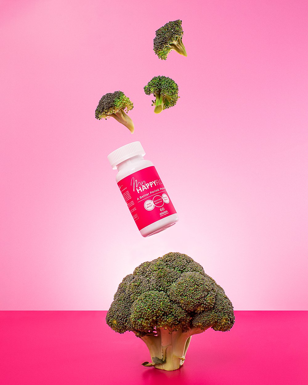 Colourful fun stills content creation for My Happy Flo period vitamins. Styled womens health product stills photography by HIYA MARIANNE.