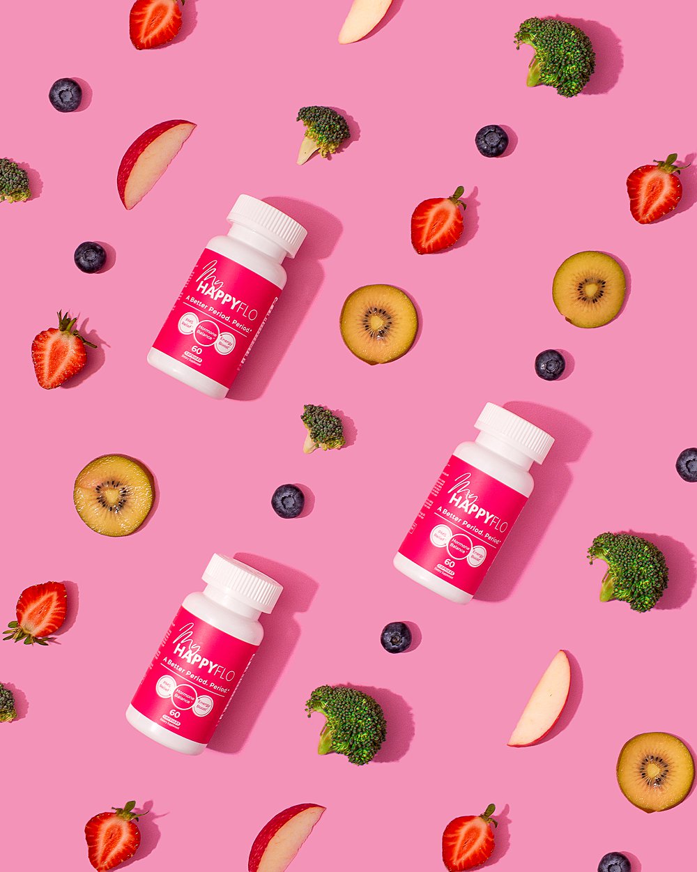 Colourful fun stills content creation for My Happy Flo period vitamins. Styled womens health product stills photography by HIYA MARIANNE.
