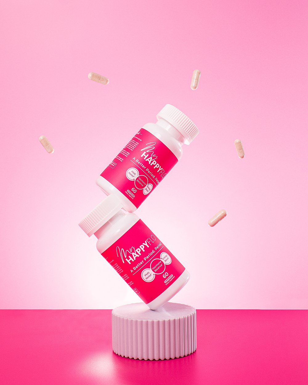 Colourful fun stills content creation for My Happy Flo period vitamins. Styled womens health product stills photography by HIYA MARIANNE.