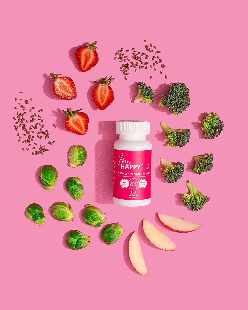 Colourful fun stills content creation for My Happy Flo period vitamins. Styled womens health product stills photography by HIYA MARIANNE.