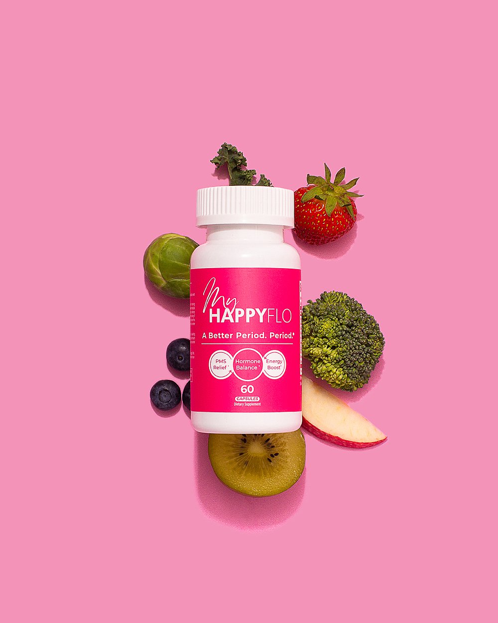 Colourful fun stills content creation for My Happy Flo period vitamins. Styled womens health product stills photography by HIYA MARIANNE.