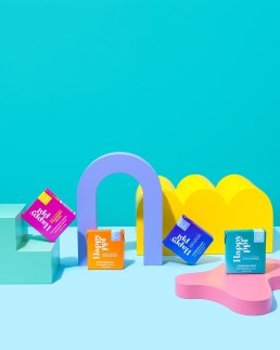Colourful content creation for Happy Ppl xylitol gum. Styled product stills and lifestyle photography by HIYA MARIANNE content studio.