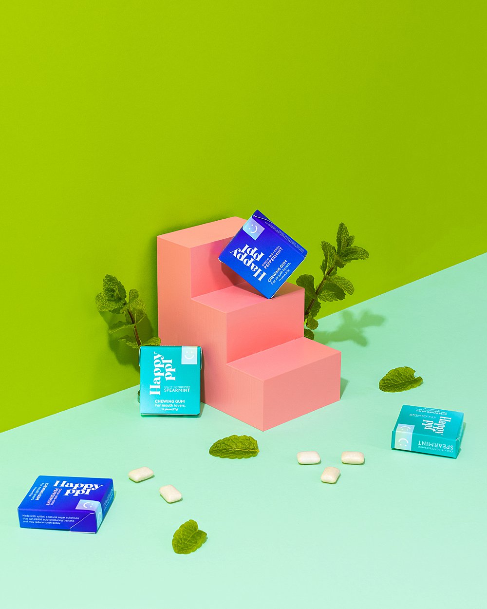 Colourful content creation for Happy Ppl xylitol gum. Styled product stills and lifestyle photography by HIYA MARIANNE.