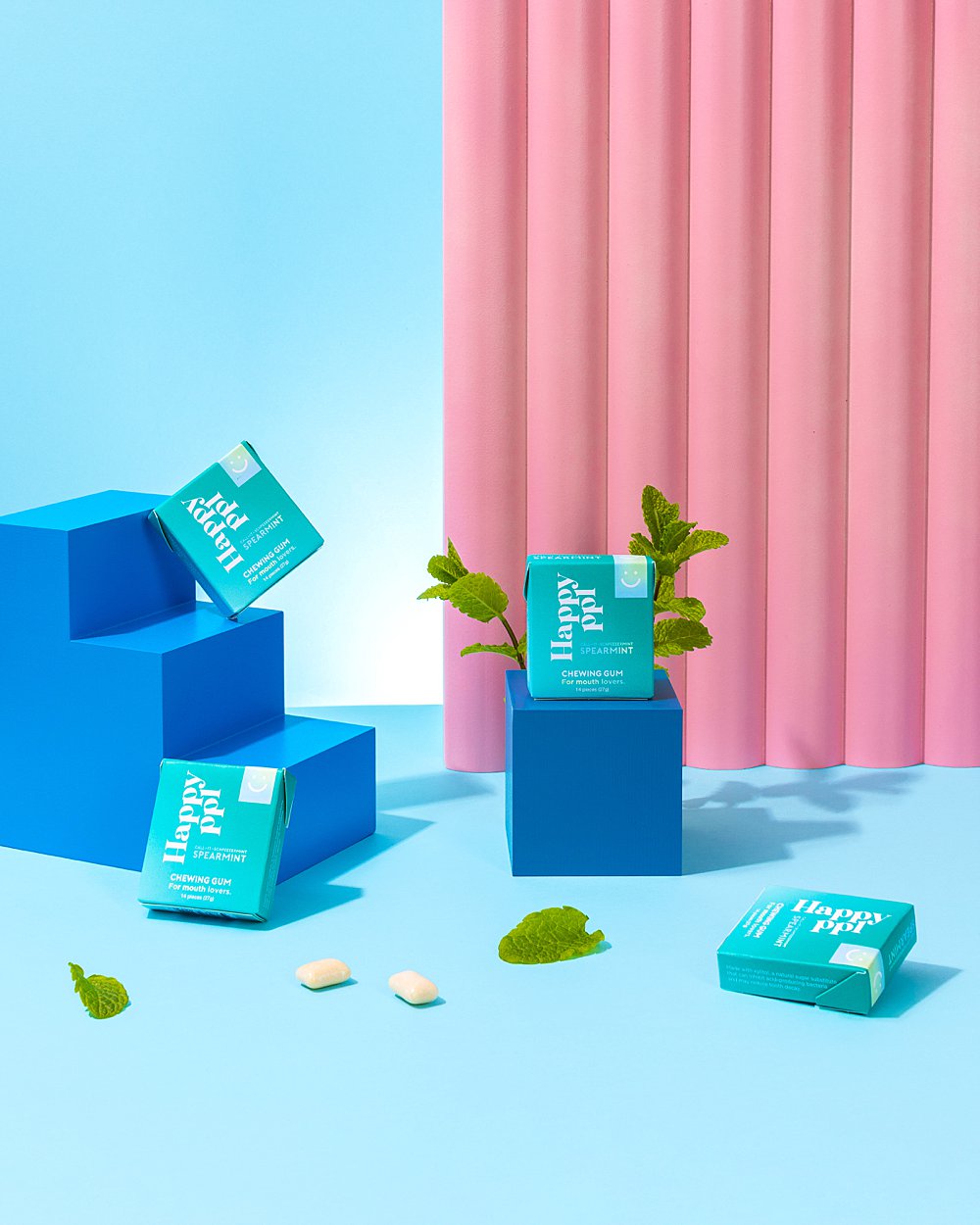 Colourful content creation for Happy Ppl xylitol gum. Styled product stills and lifestyle photography by HIYA MARIANNE.