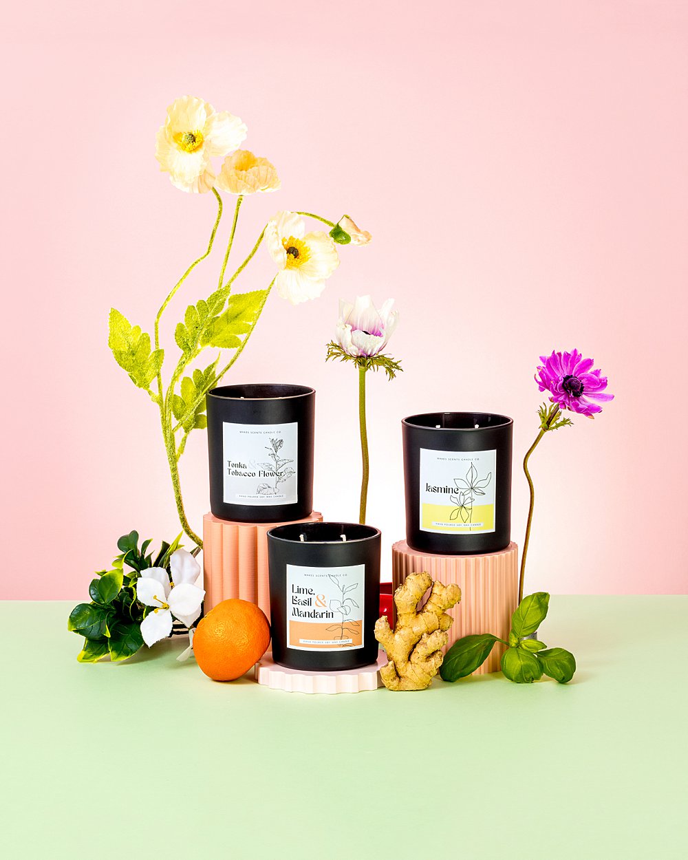 Colourful floral content creation for Makes Scents Studio scented candles. Styled product stills photography by HIYA MARIANNE.
