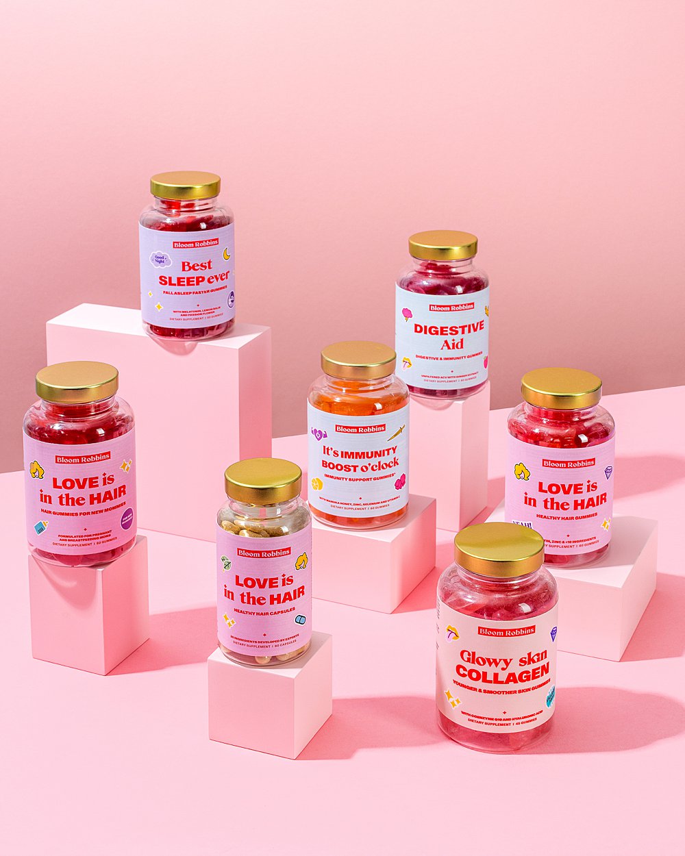 Colourful stills content creation for Bloom Robbins vitamins. Styled health product stills photography by HIYA MARIANNE.