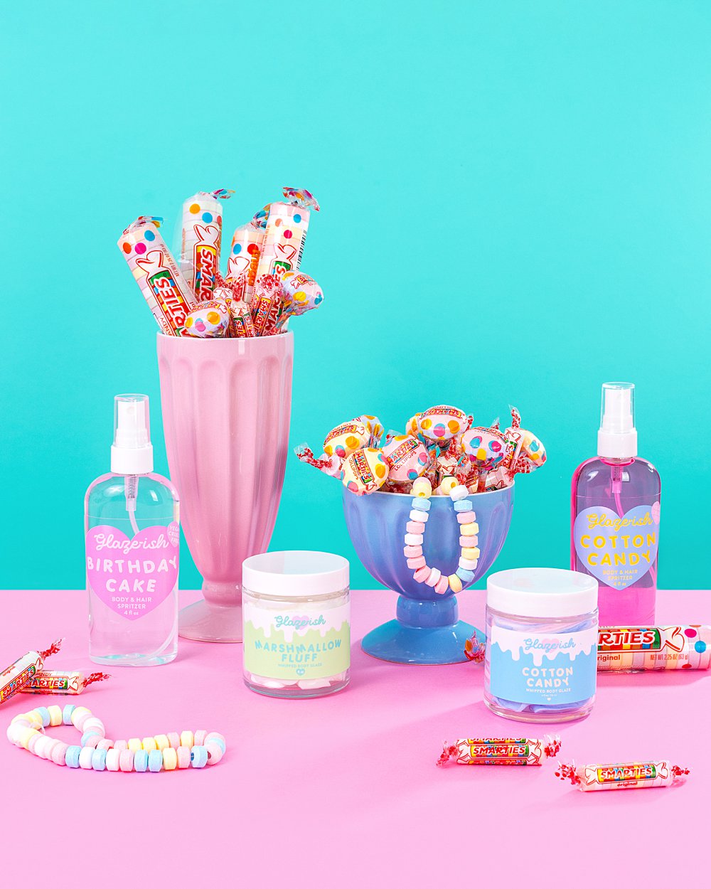 Colourful content creation and creative still life photography for Glzeish skincare collaboration with Smarties. Playful product photography, art direction and styling by HIYA MARIANNE.