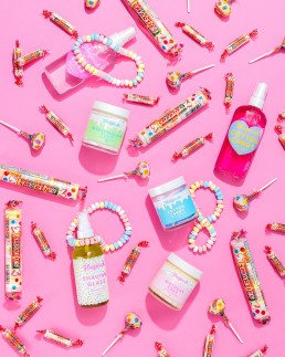 Colourful content creation and creative still life photography for Glzeish skincare collaboration with Smarties. Playful product photography, art direction and styling by HIYA MARIANNE.
