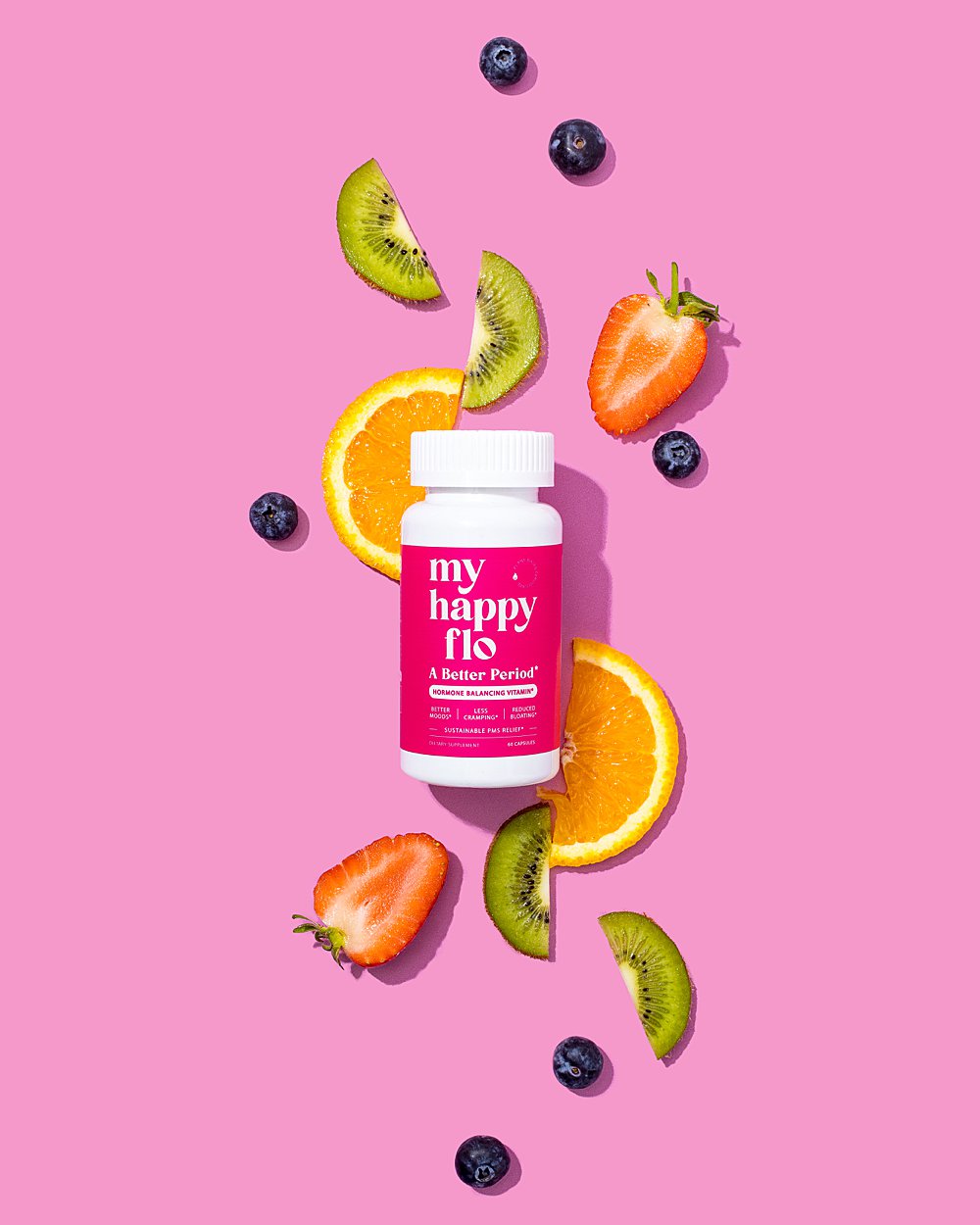 Colourful content creation for My Happy Flo period vitamins. Styled product still life photography by HIYA MARIANNE content studio.