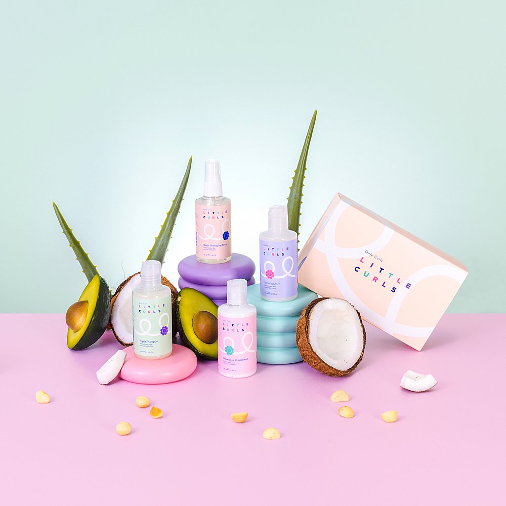 Colourful content creation for Only Curls curly hair brand. Styled still life photography and stop-motion animation by HIYA MARIANNE photo production studio.