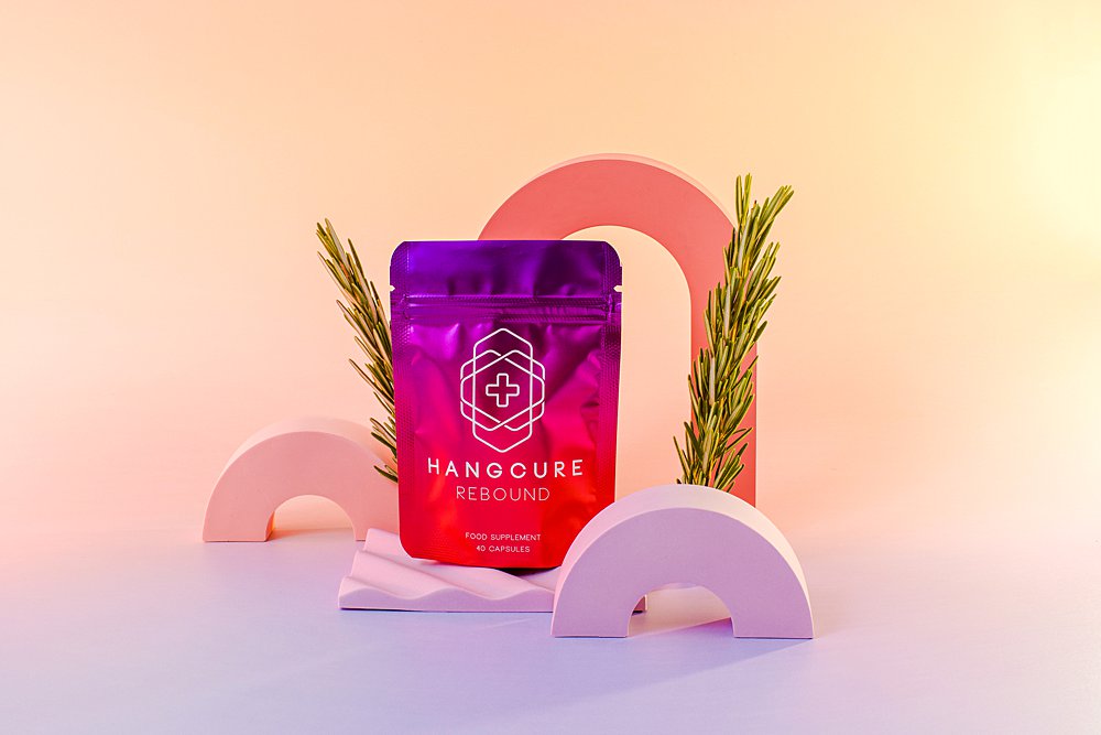 Colourful content creation for Hangcure hangover supplement. Styled product still life photography by HIYA MARIANNE content studio.