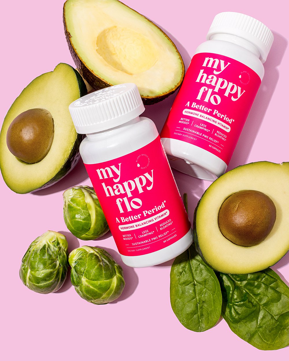 Colourful content creation for My Happy Flo female health supplements. Styled product still life photography by HIYA MARIANNE content studio.