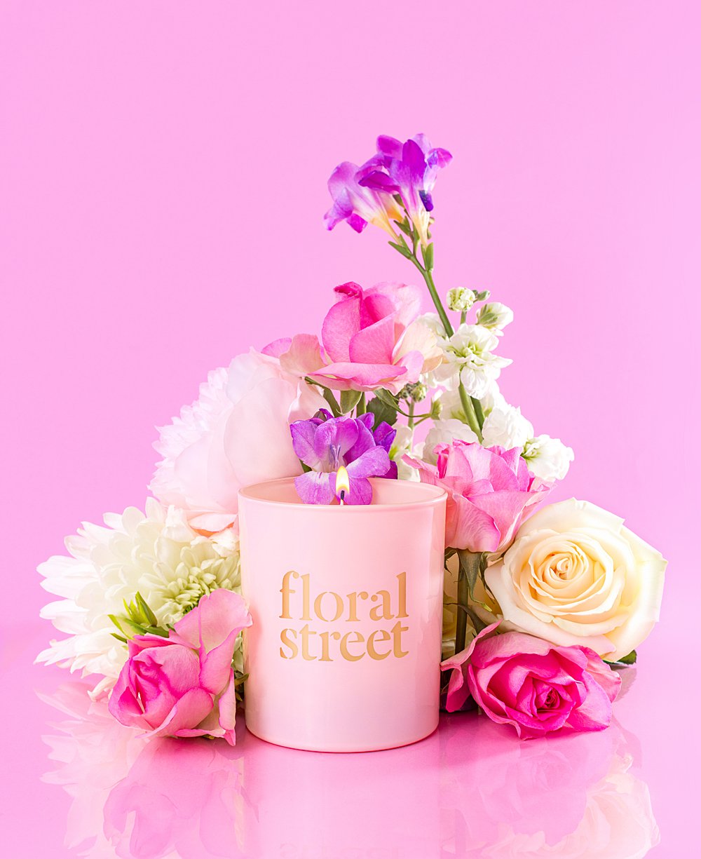 Colourful product photography with Floral Street Wonderland Peony. Styled still life photography with flowers by HIYA MARIANNE.
