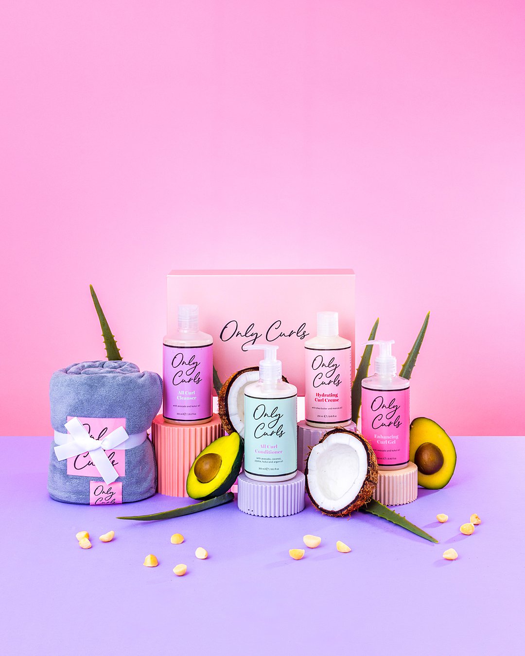 Colourful content creation for Only Curls curly hair brand. Styled still life photography and stop-motion animation by HIYA MARIANNE photo production studio.