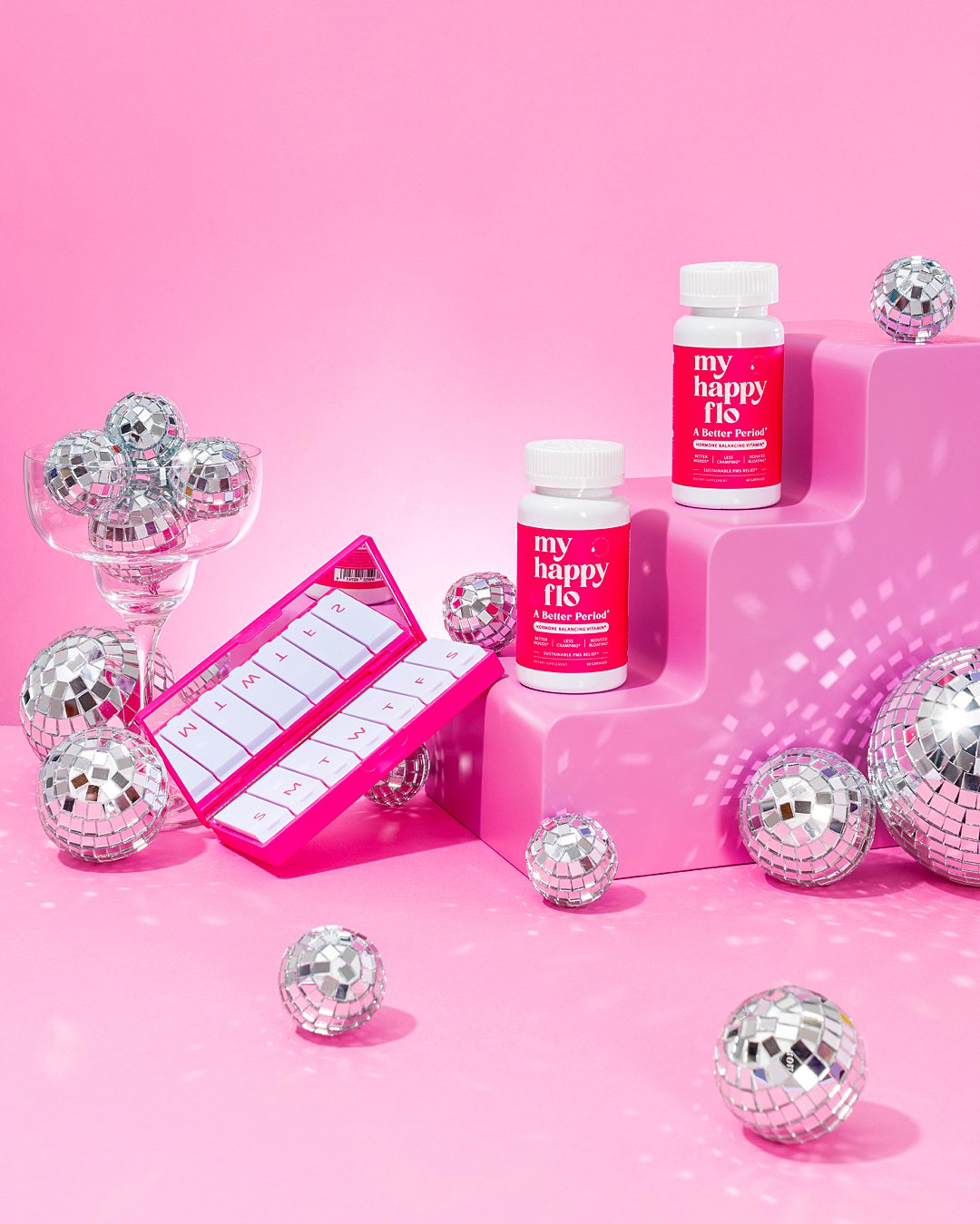 Colourful festive content creation for My Happy Flo female health supplements. Styled product still life photography by HIYA MARIANNE content studio.