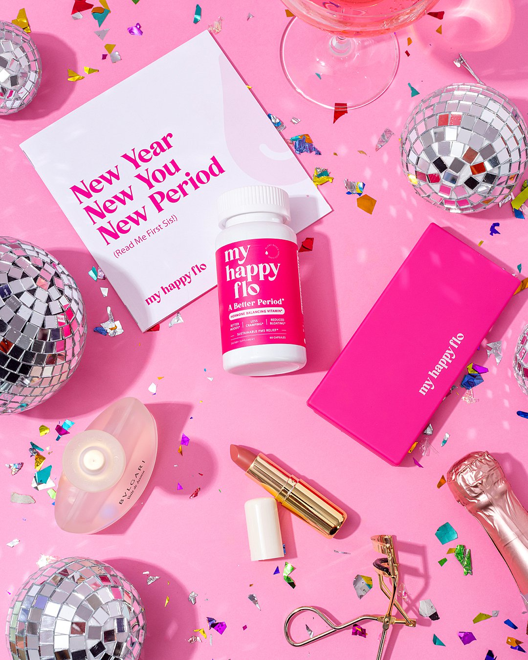 Colourful festive content creation for My Happy Flo female health supplements. Styled product still life photography by HIYA MARIANNE content studio.