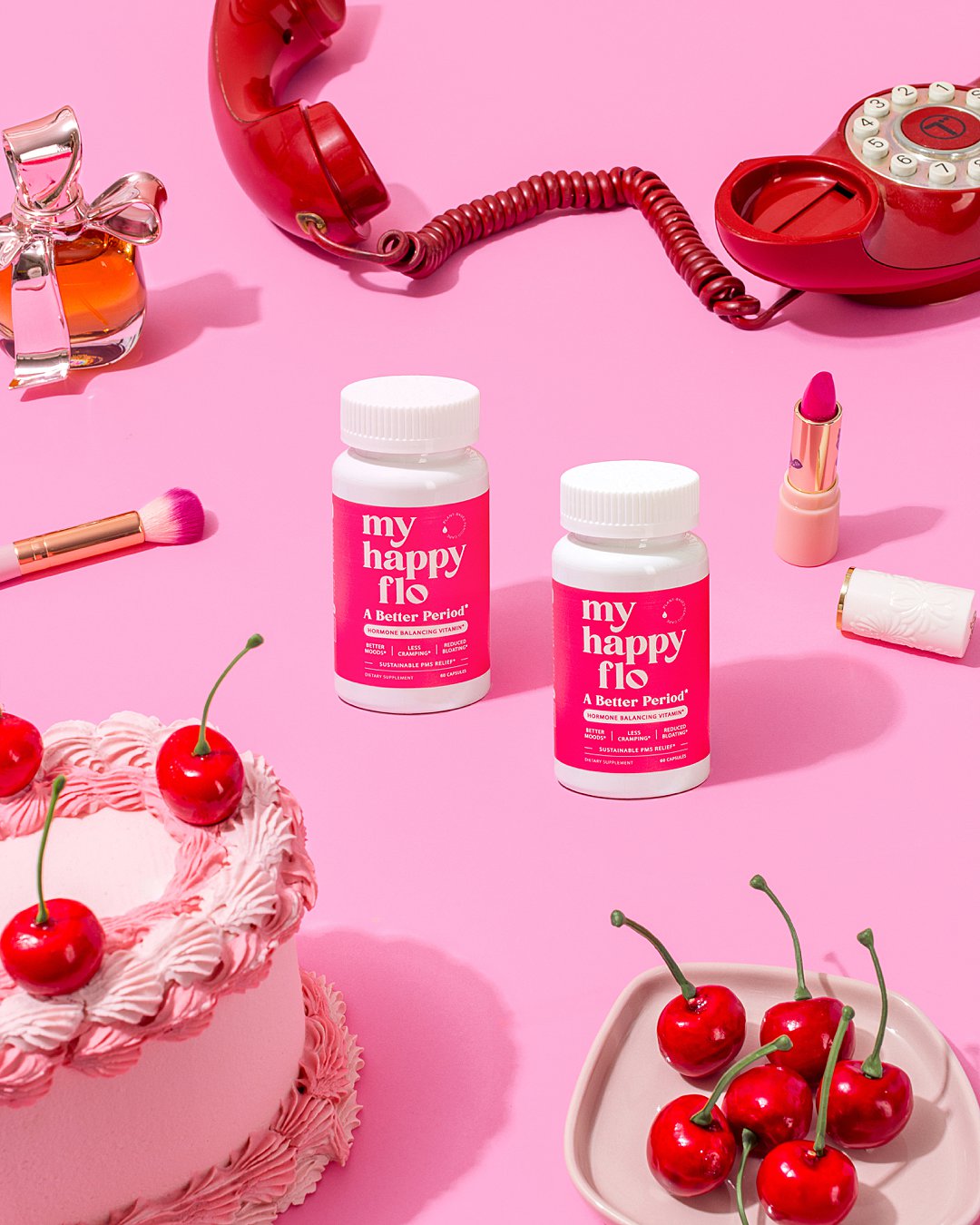 Colourful content creation for My Happy Flo. Styled female health supplement product still life photography by HIYA MARIANNE photo production studio.