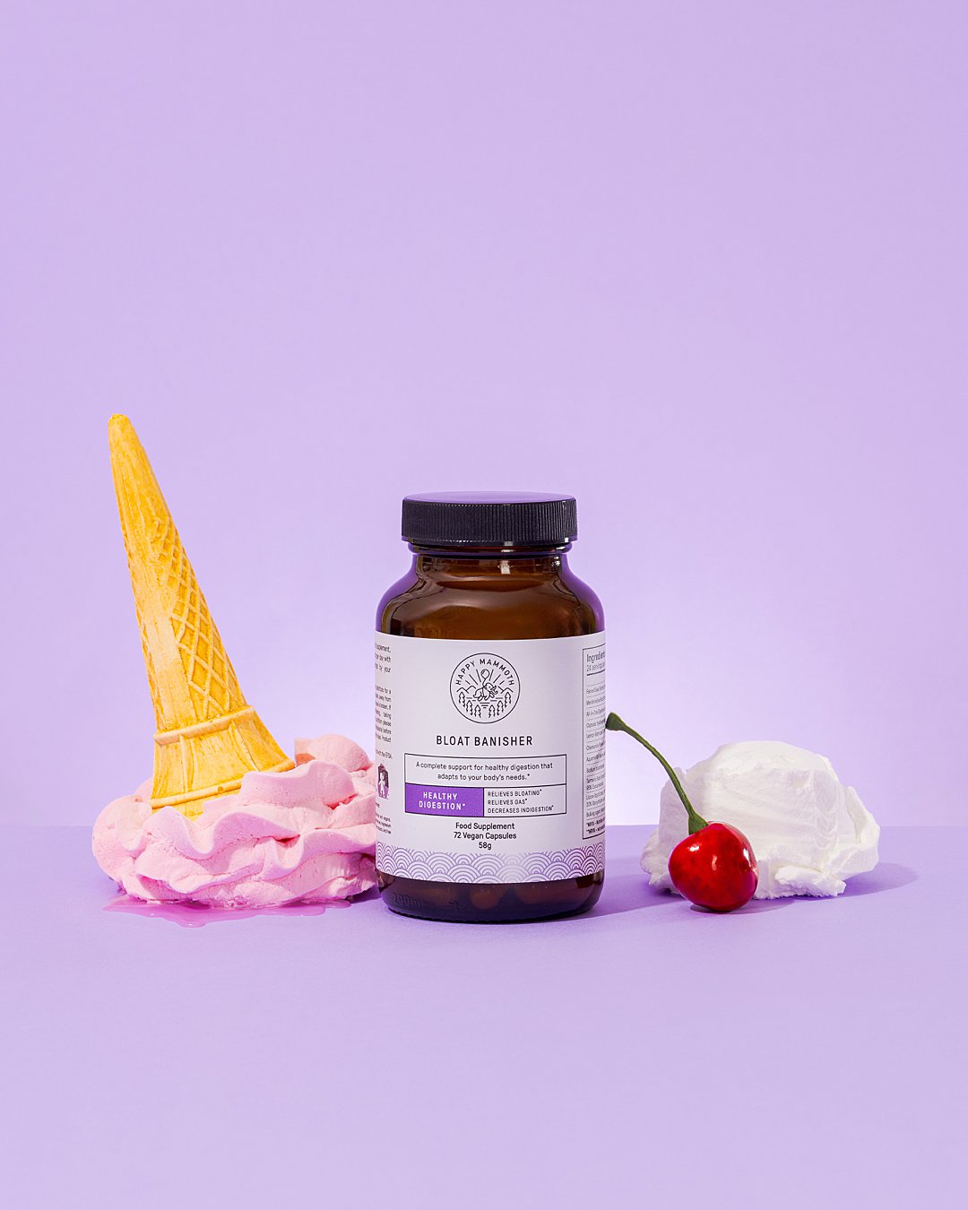 Colourful content creation for The Happy Mammoth. Styled supplement and vitamin product still life photography by HIYA MARIANNE photo production studio.