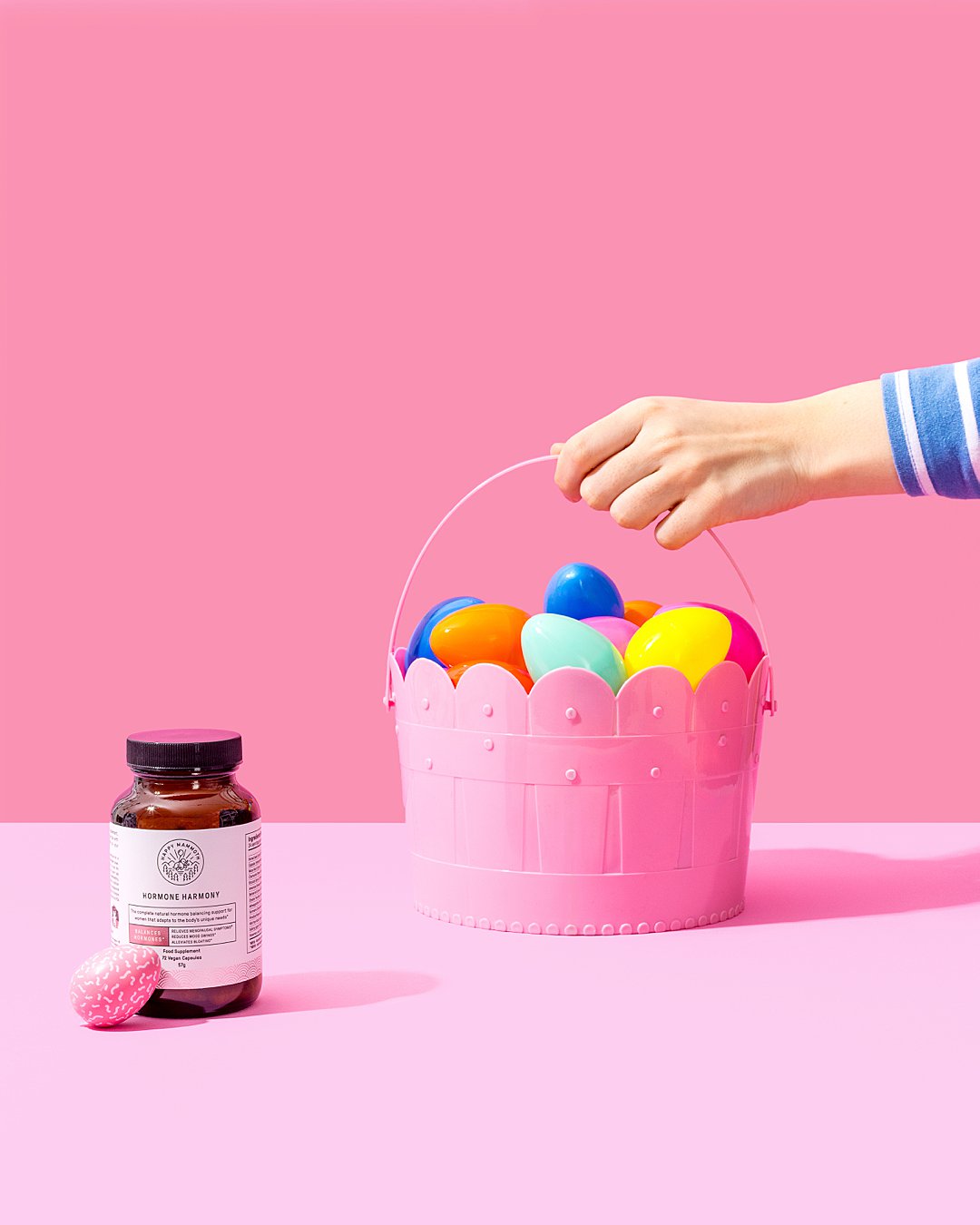 Colourful commercial photography for Happy Mammoth supplements. Styled health supplement product still life photography by HIYA MARIANNE photo production studio.