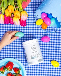 Colourful commercial photography for Happy Mammoth supplements. Styled health supplement product still life photography by HIYA MARIANNE photo production studio.
