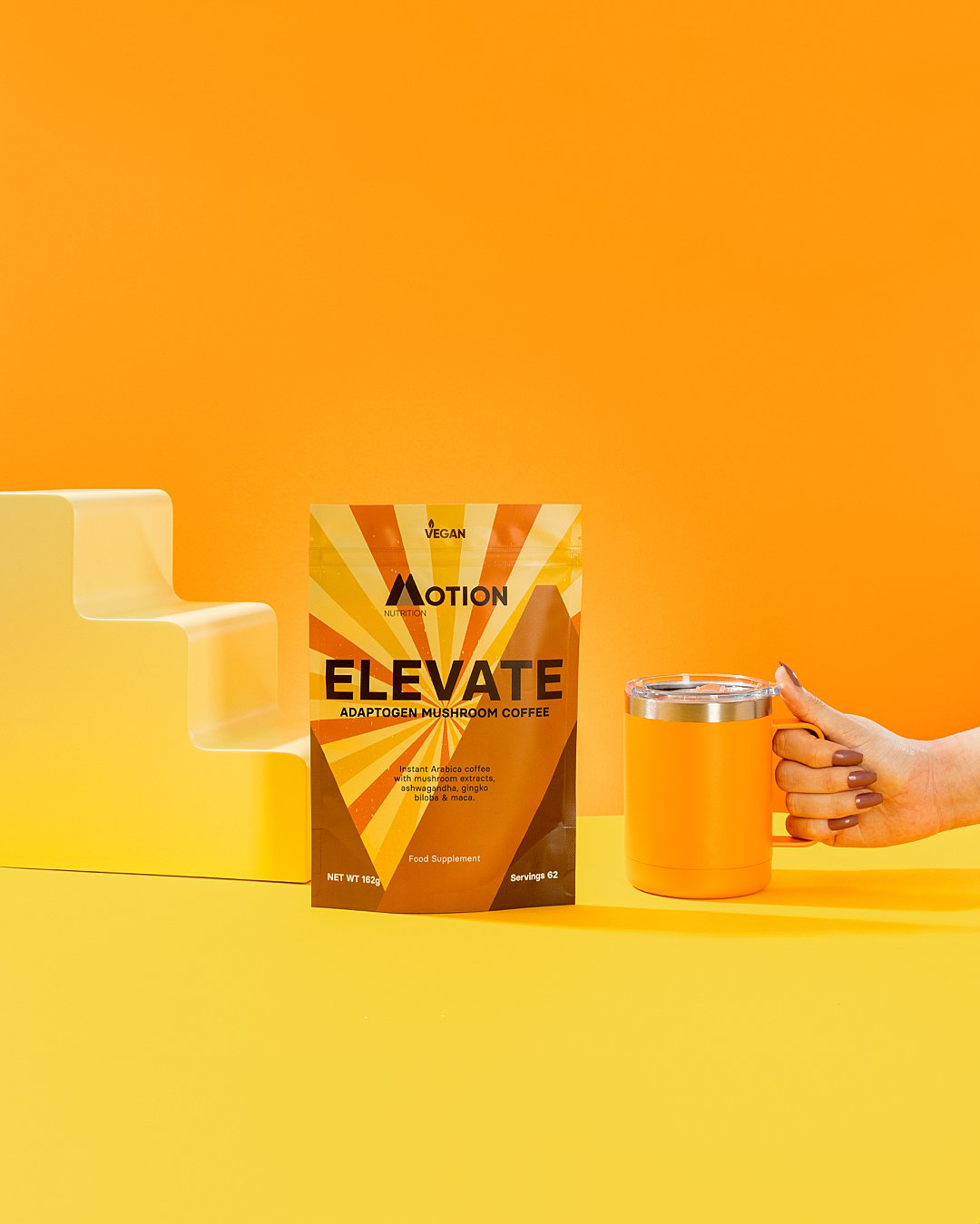 Colourful commercial photography for Motion Nutrition supplements. Styled health supplement product still life photography by HIYA MARIANNE photo production studio.