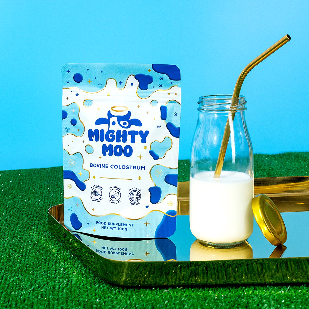 Colourful content creation for Mighty Moo. Styled supplement and vitamin product still life photography by HIYA MARIANNE photo production studio.