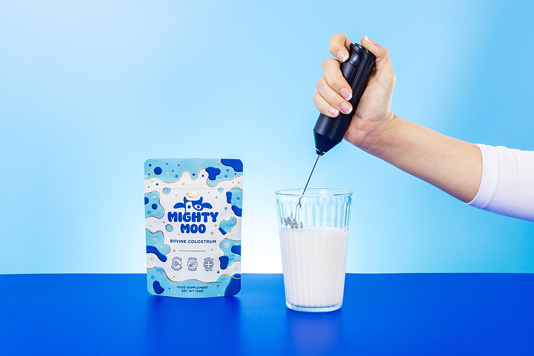 Colourful content creation for Mighty Moo. Styled supplement and vitamin product still life photography by HIYA MARIANNE photo production studio.