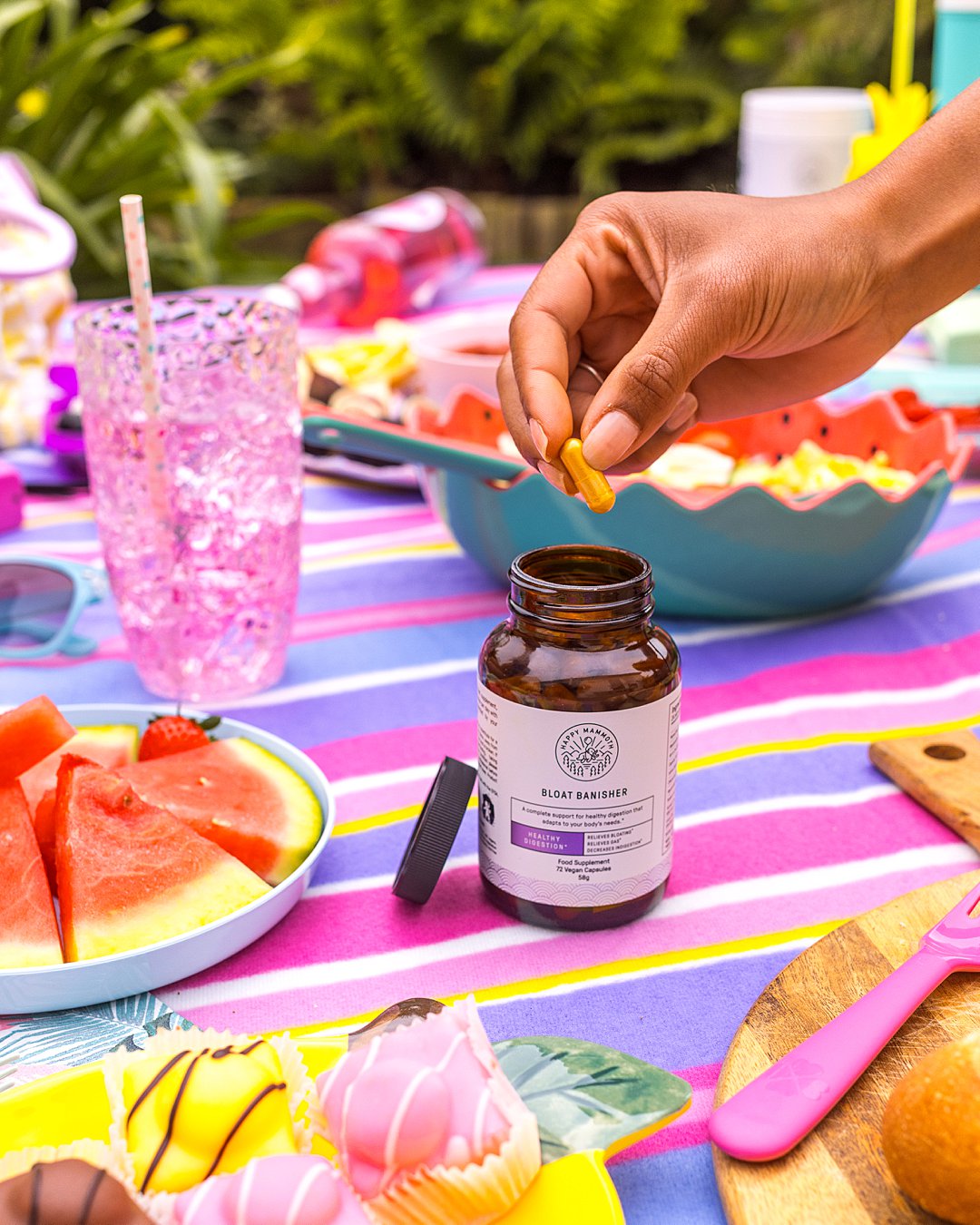 Colourful lifestyle picnic photoshoot for Happy Mammoth vitamin supplements. Styling and lifestyle photography by HIYA MARIANNE photo production studio.