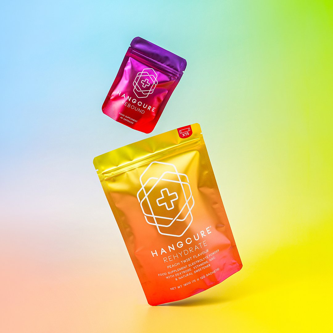 Colourful content creation for Hang Cure. Styled supplement and vitamin product still life photography by HIYA MARIANNE photo production studio.