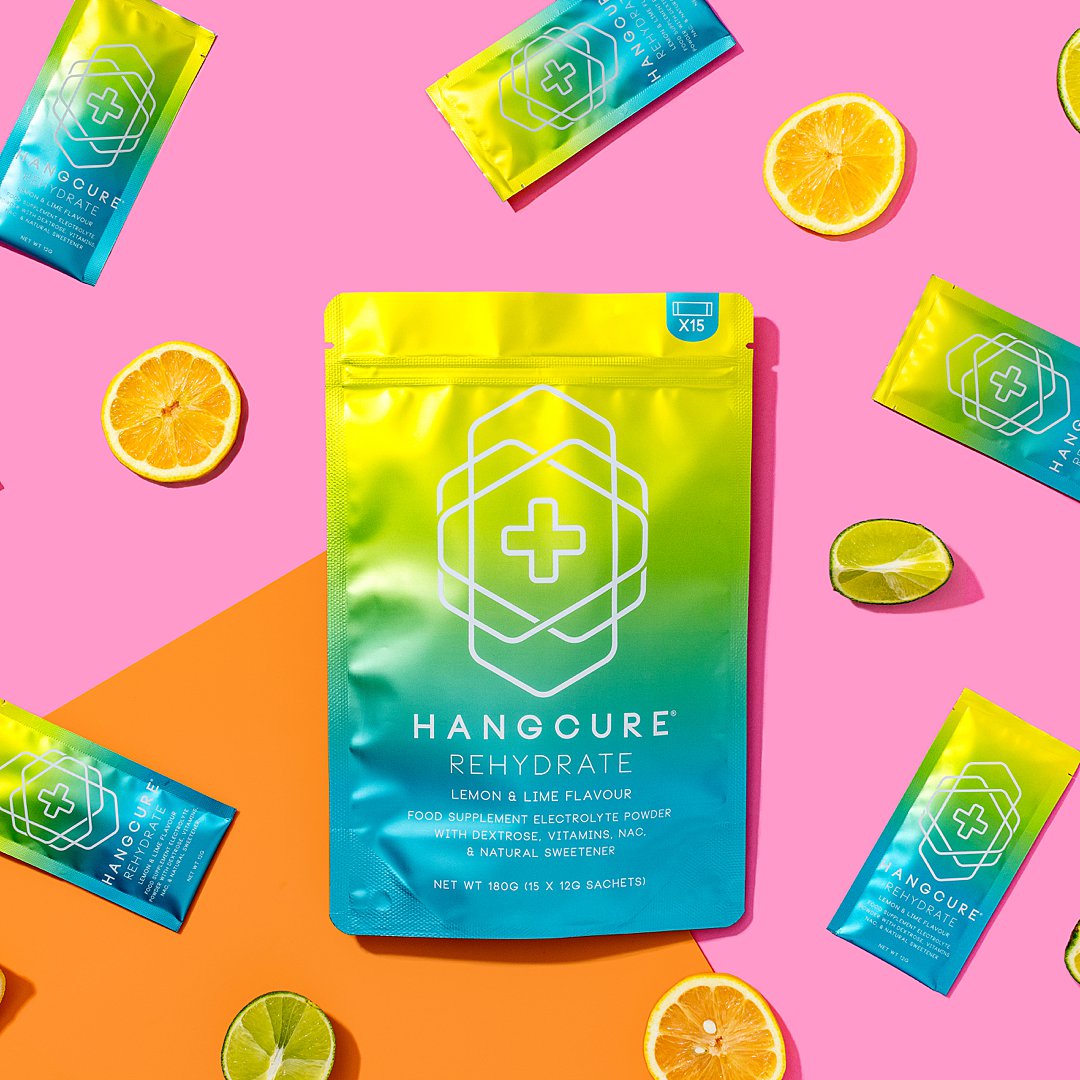 Colourful content creation for Hang Cure. Styled supplement and vitamin product still life photography by HIYA MARIANNE photo production studio.