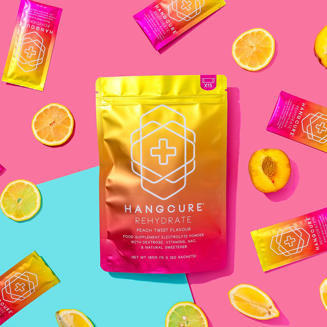 Colourful content creation for Hang Cure. Styled supplement and vitamin product still life photography by HIYA MARIANNE photo production studio.