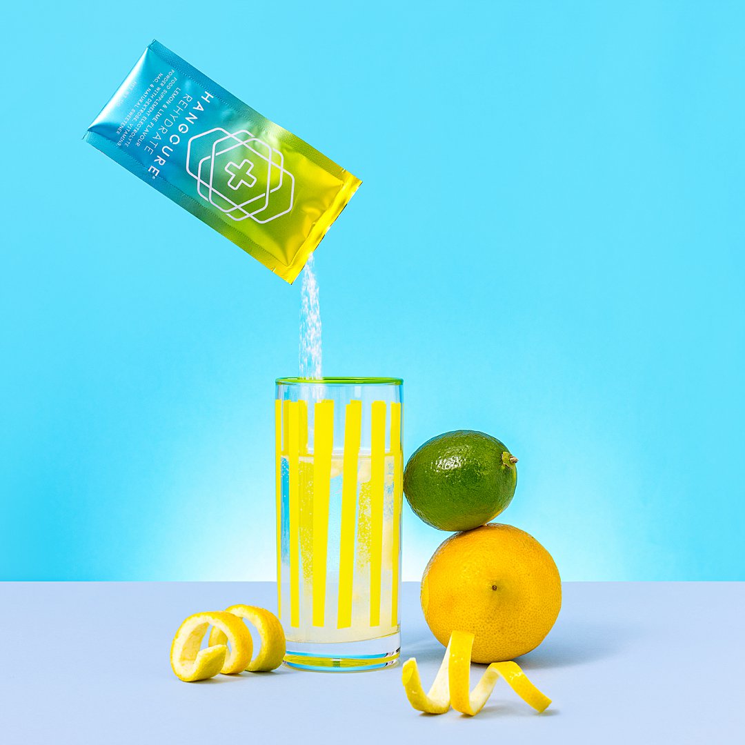 Colourful content creation for Hang Cure. Styled supplement and vitamin product still life photography by HIYA MARIANNE photo production studio.